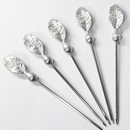 [TITASY] Pewter Fruit Picks, Dessert Fork, Appetizer Picks Set of 5 – Tea Leaf (FP-02T)