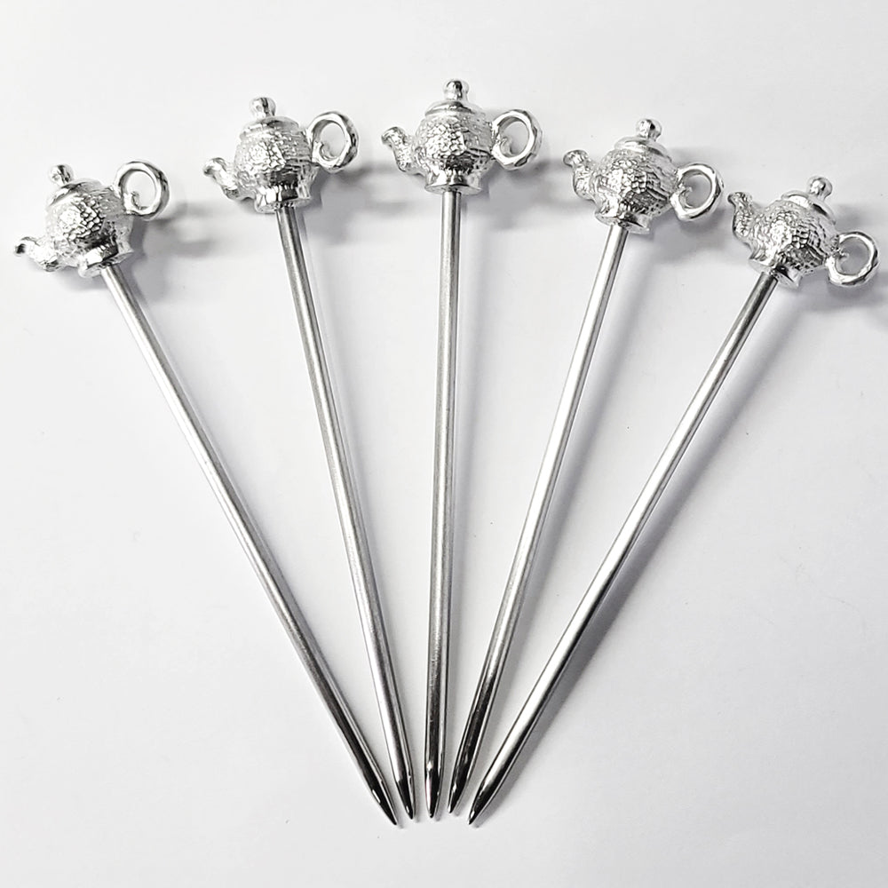 [TITASY] Pewter Fruit Picks, Dessert Fork, Appetizer Picks Set of 5 – Teapot (FP-05T)