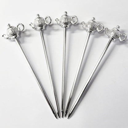 [TITASY] Pewter Fruit Picks, Dessert Fork, Appetizer Picks Set of 5 – Teapot (FP-05T)