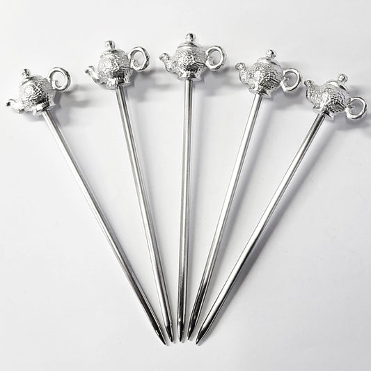 [TITASY] Pewter Fruit Picks, Dessert Fork, Appetizer Picks Set of 5 – Teapot (FP-05T)